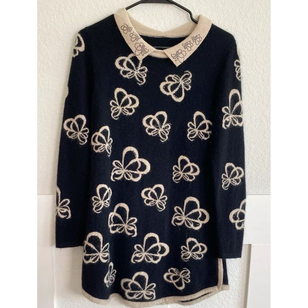 100% Mink Cashmere Winter Warm Sweater Fluffy Butterfly Jewel Collar Size Large